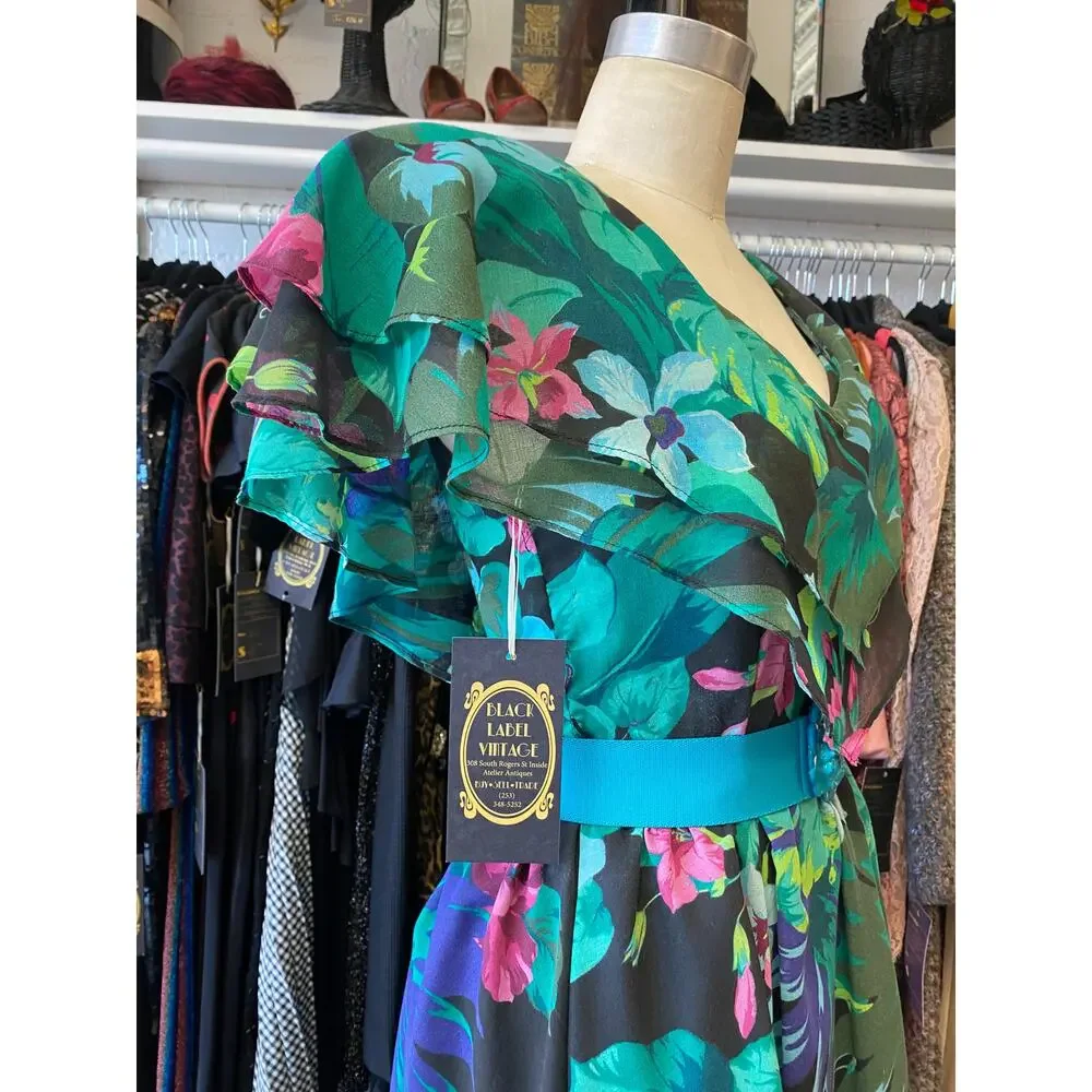 vintage 1980s black floral fit and flare dress, shawl flutter sleeves full skirt - Picture 5 of 10